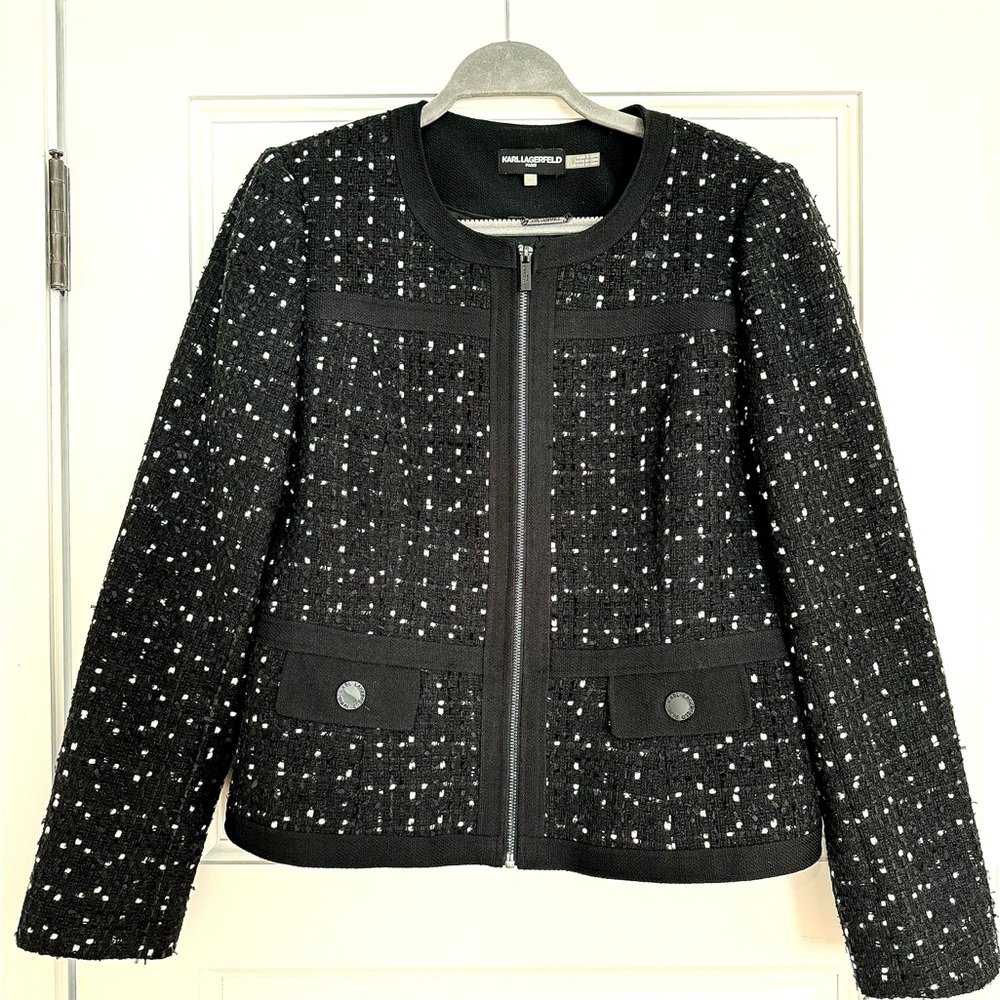 Karl Lagerfeld tweed zip-up blazer - black buttons. Chic  & classic - sz 12